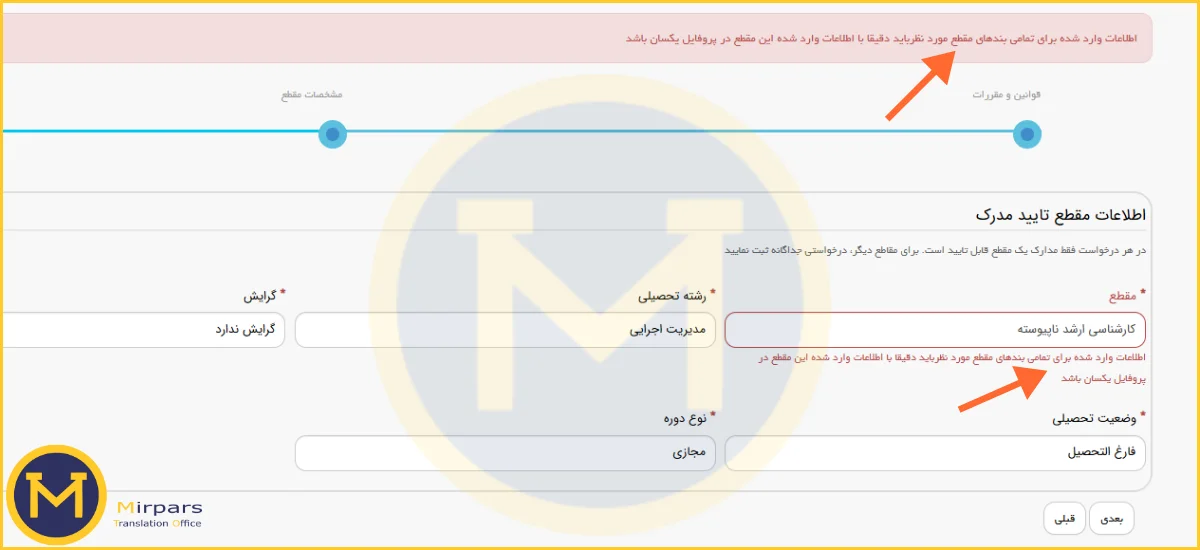 خطای «اطلاعات وارد شده برای تمامی بندهای مقطع مورد نظر باید دقیقا با اطلاعات وارد شده این مقطع در پروفایل یکسان باشد»