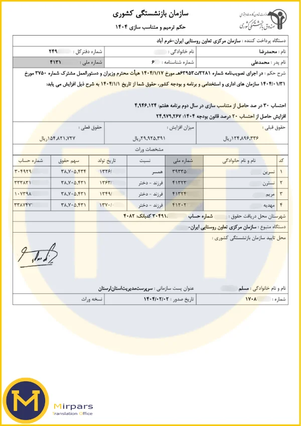 نمونه حکم بازماندگان متوفی
